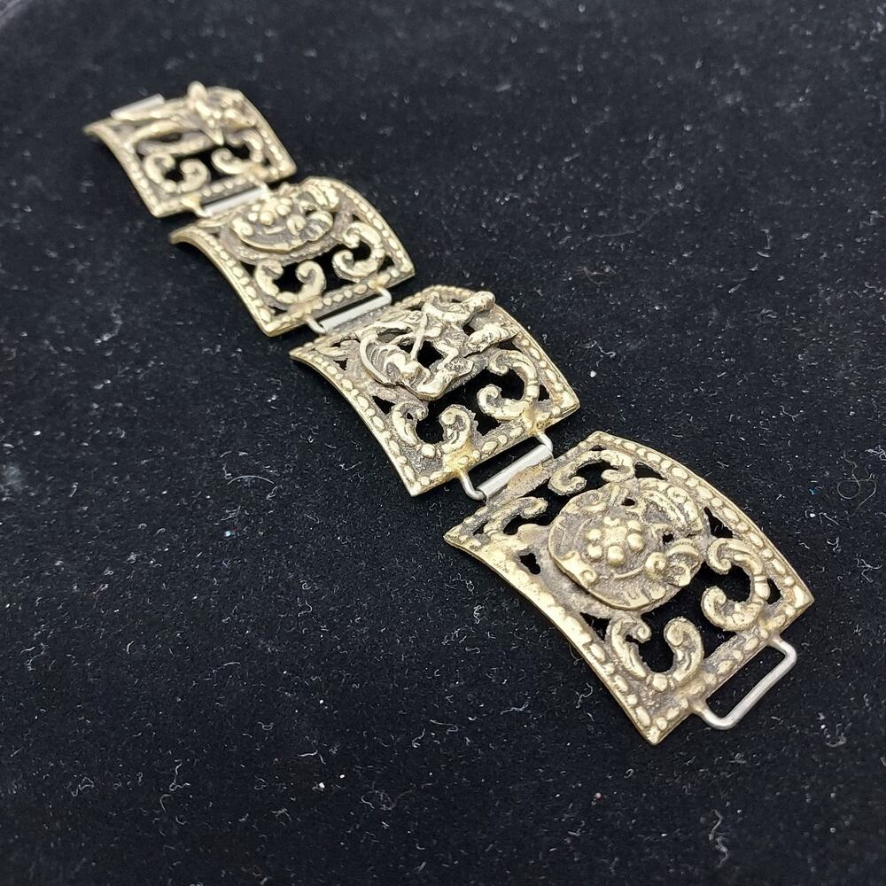 Vintage Panel Bracelet Florentine Brass Tone Cherub 2.25" Wide 7.5" Long